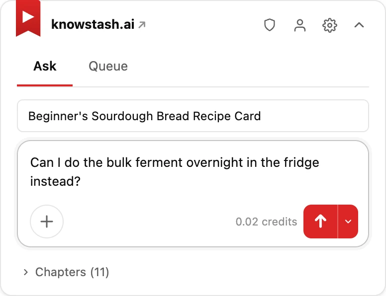 The KnowStash companion panel beside a YouTube video: the Ask tab listing this video's note, a question typed into the composer, and the cost showing beside the send button.