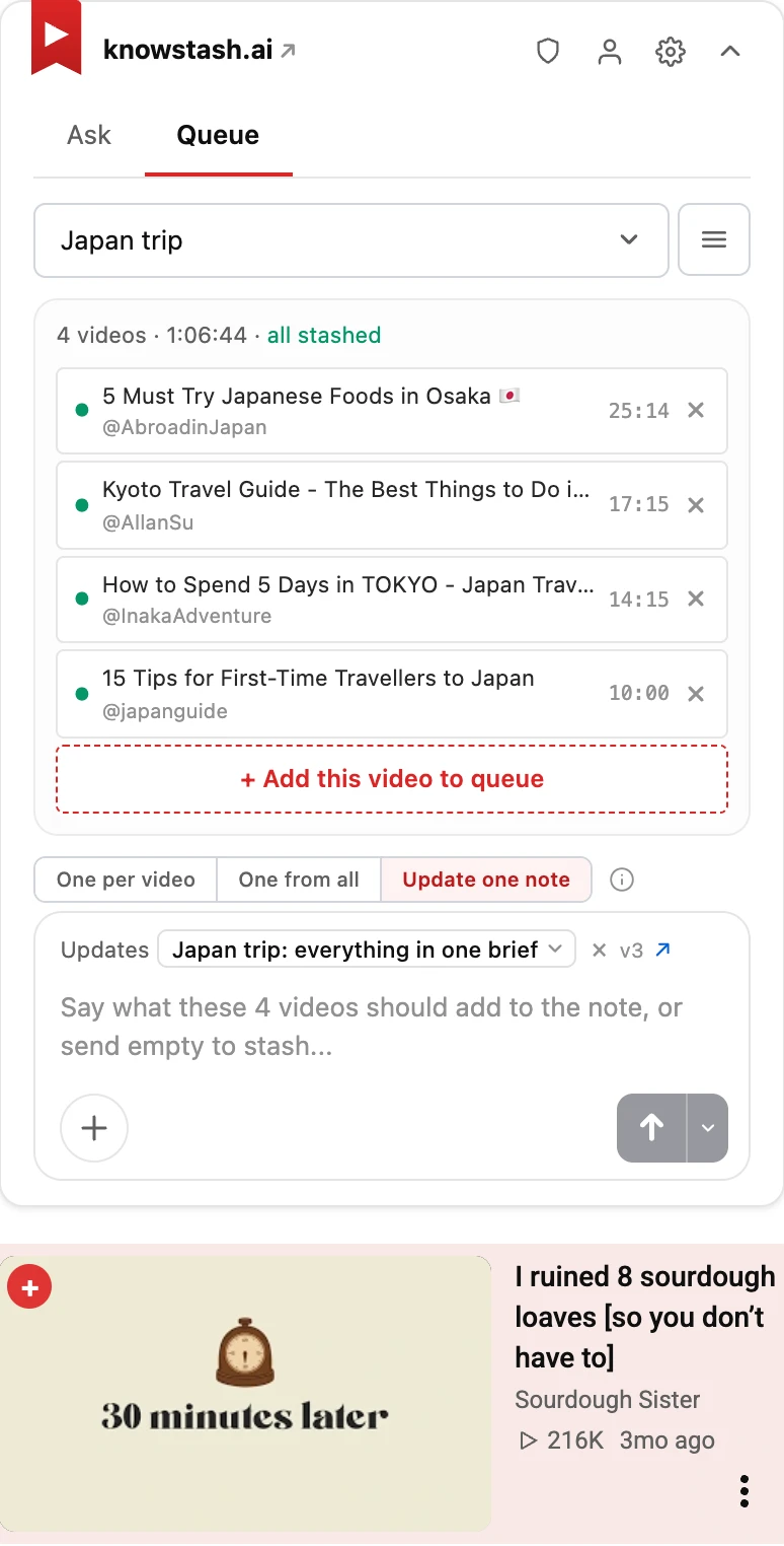 The companion's Queue tab showing a “Japan trip” queue of four stashed videos and its composer, and below the panel a YouTube thumbnail carrying the red plus button that adds it to the queue.