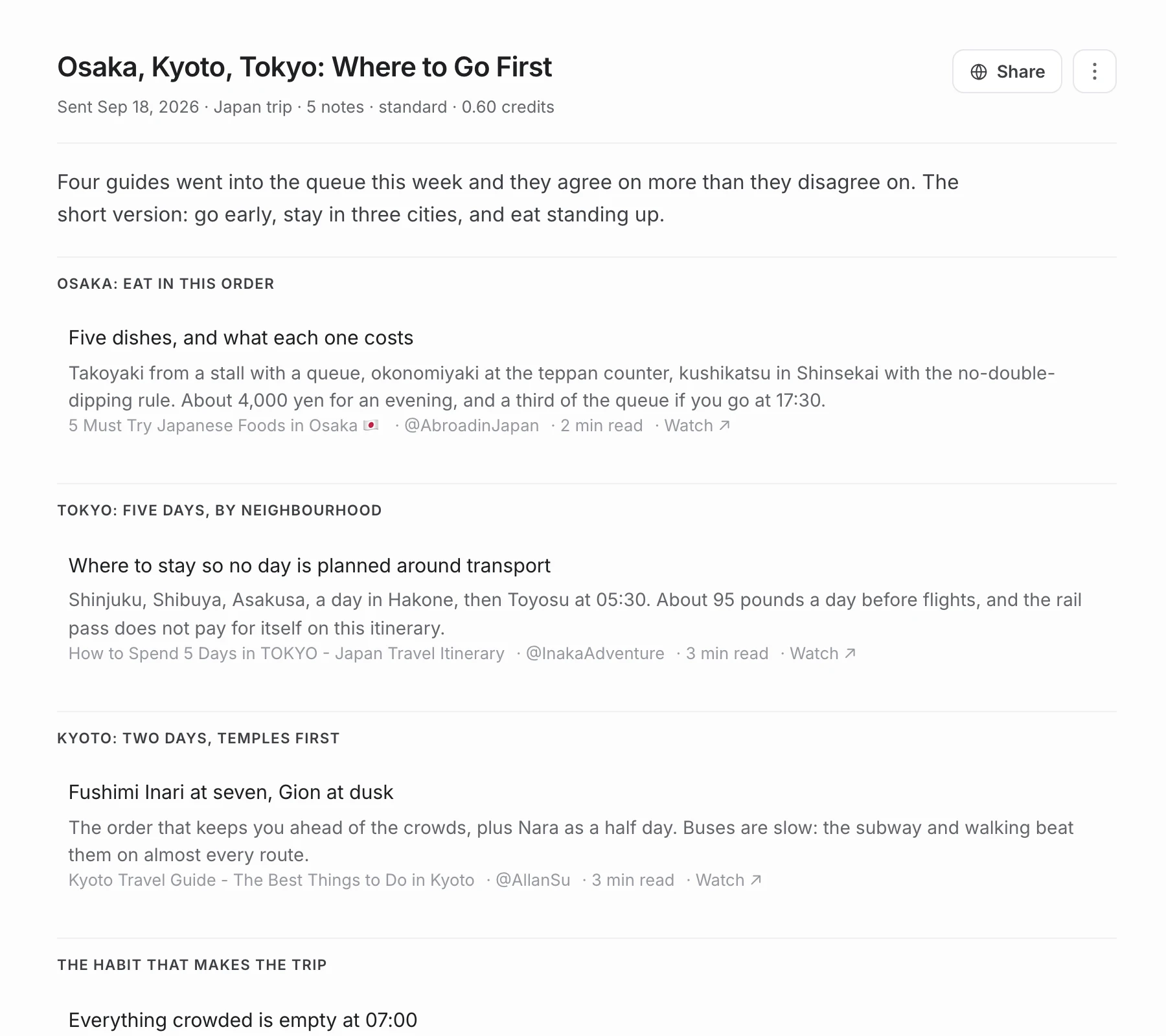 A newsletter issue at knowstash.ai titled “Osaka, Kyoto, Tokyo: Where to Go First”, sent from the Japan trip queue, with an intro and sections on Osaka food, a Tokyo itinerary and Kyoto temples, each linking to its note and its video.