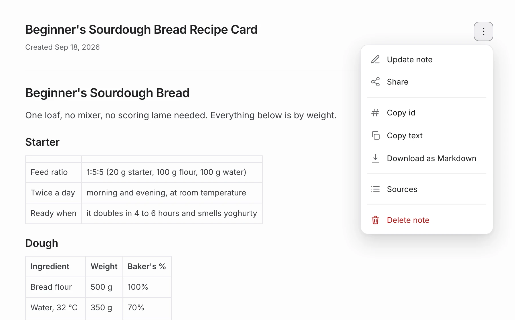 A note's actions menu at knowstash.ai: Update note, Share, Copy id, Copy text, Download as Markdown, Sources, and Delete note.