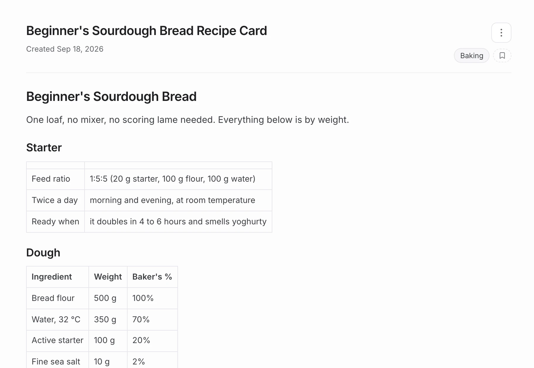 A note open at knowstash.ai: “Beginner's Sourdough Bread Recipe Card”, with a starter table, an ingredient table in grams with baker's percentages, and a hydration line, tagged in the Baking collection.