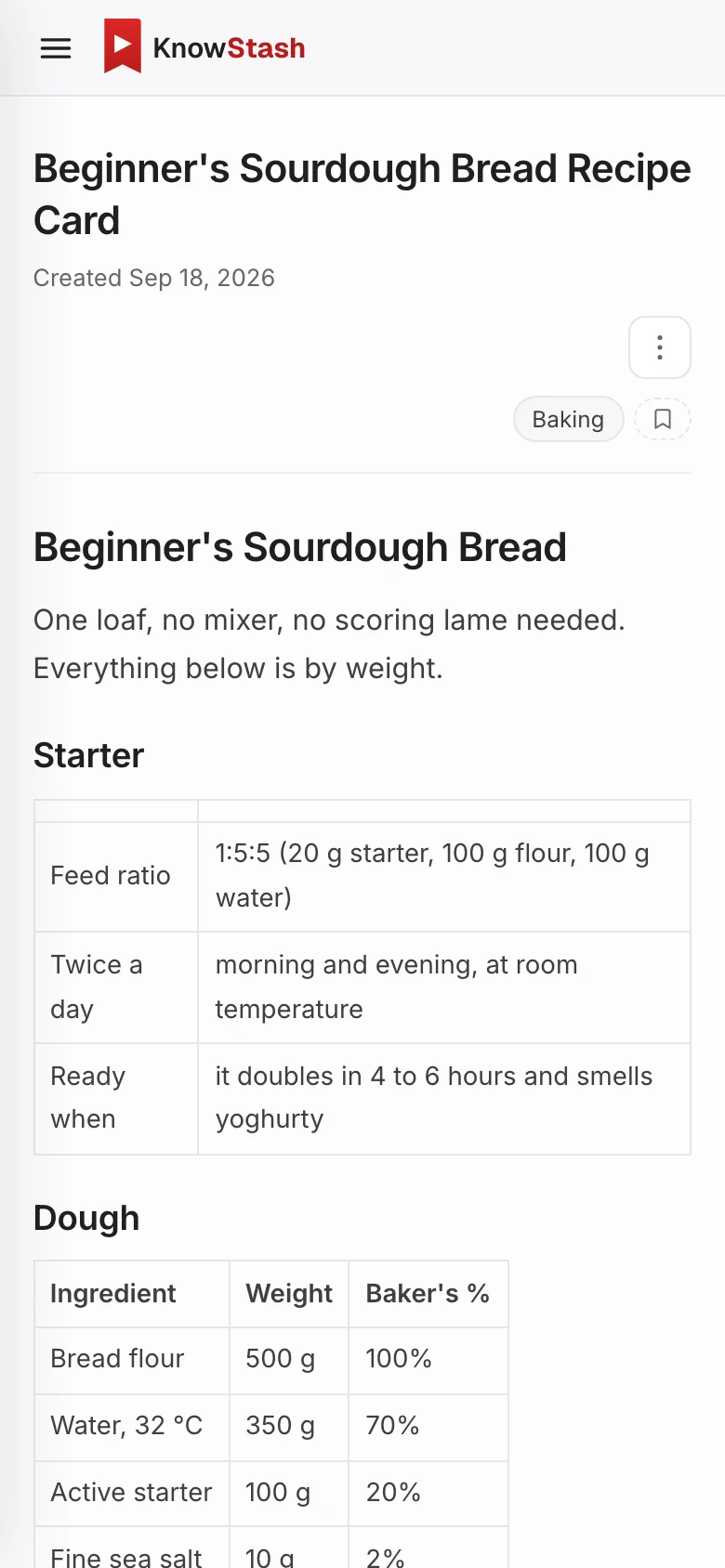 KnowStash on a phone: the sourdough recipe note open, with its tables of ingredients readable at phone width.