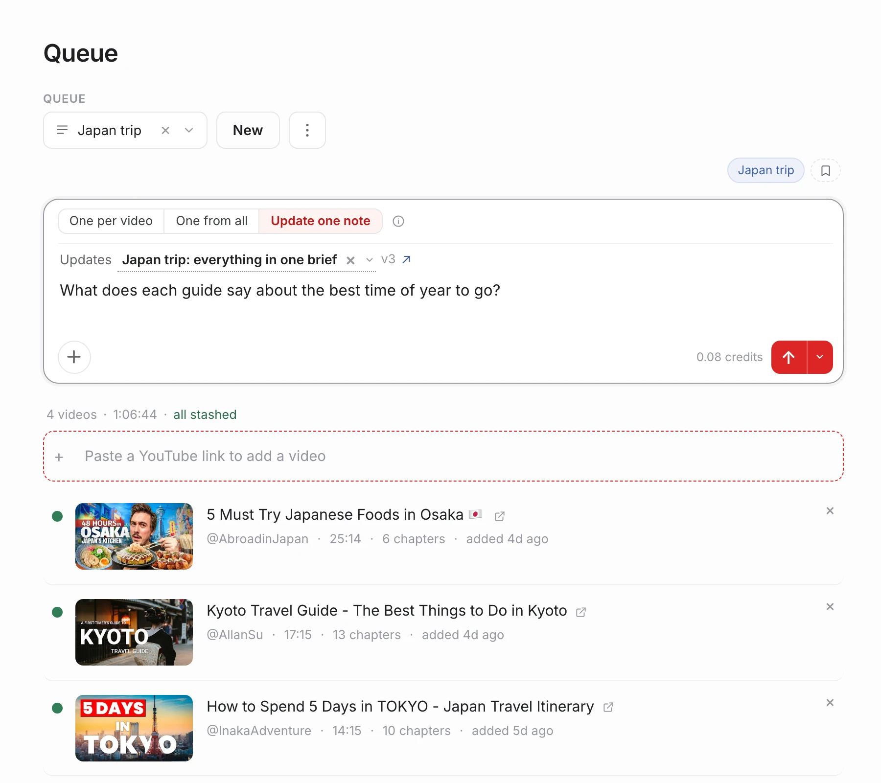 The Queue page at knowstash.ai: a “Japan trip” queue whose composer offers one note per video, one from all, or updating one note, with a question typed and the cost showing beside the send button, above four stashed videos with thumbnails.